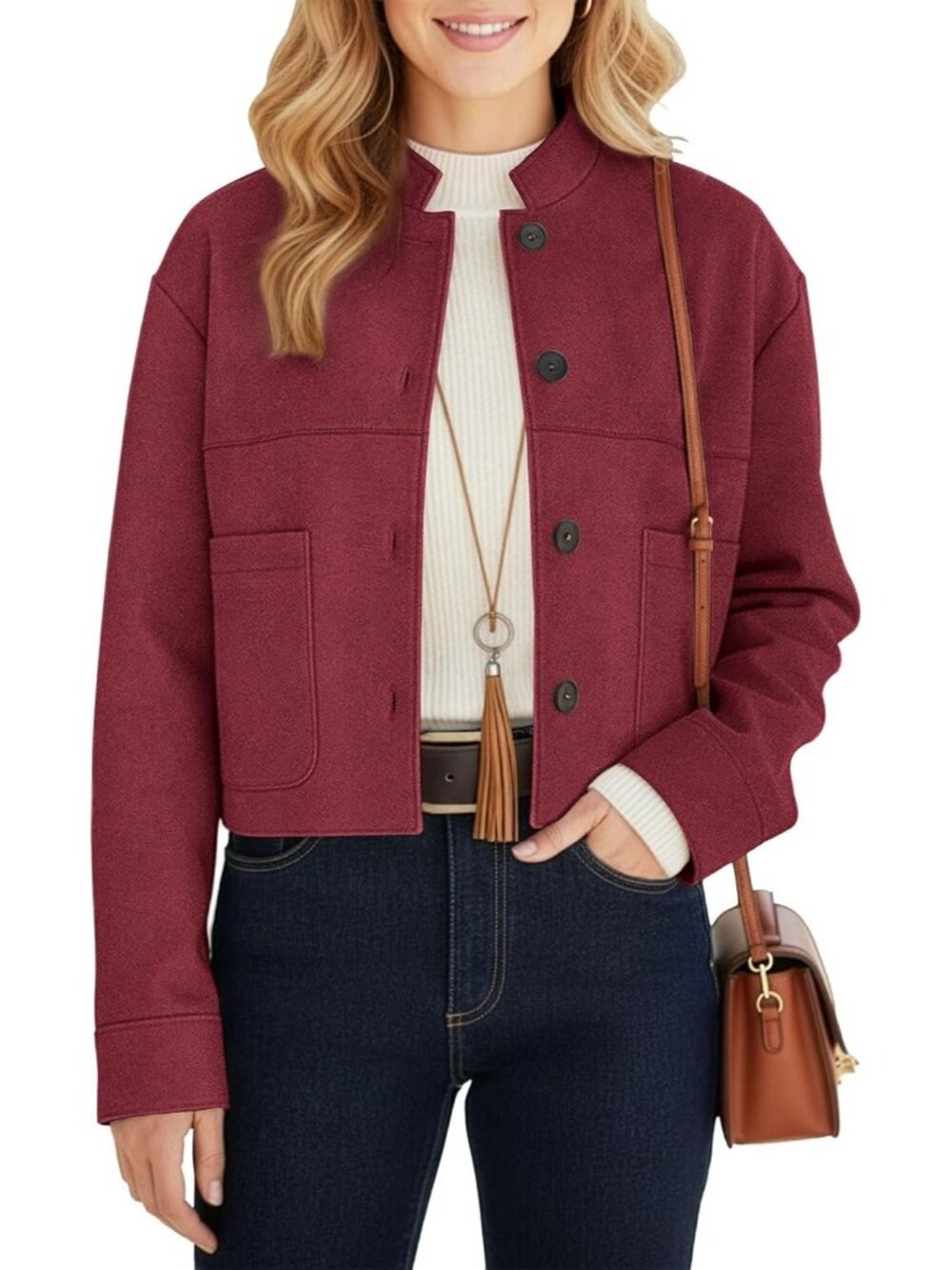 Women's Red Chic Faux Suede Oversized Button-Down Cropped Motorcycle Jacket